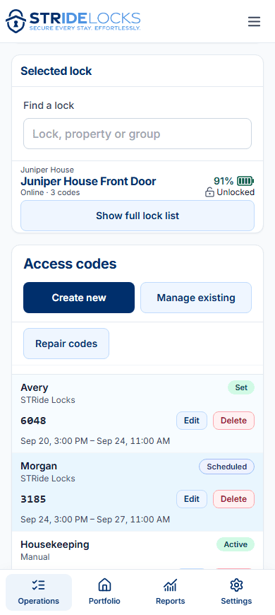 STRide Locks mobile access-code workspace for a synthetic single residence with multiple locks