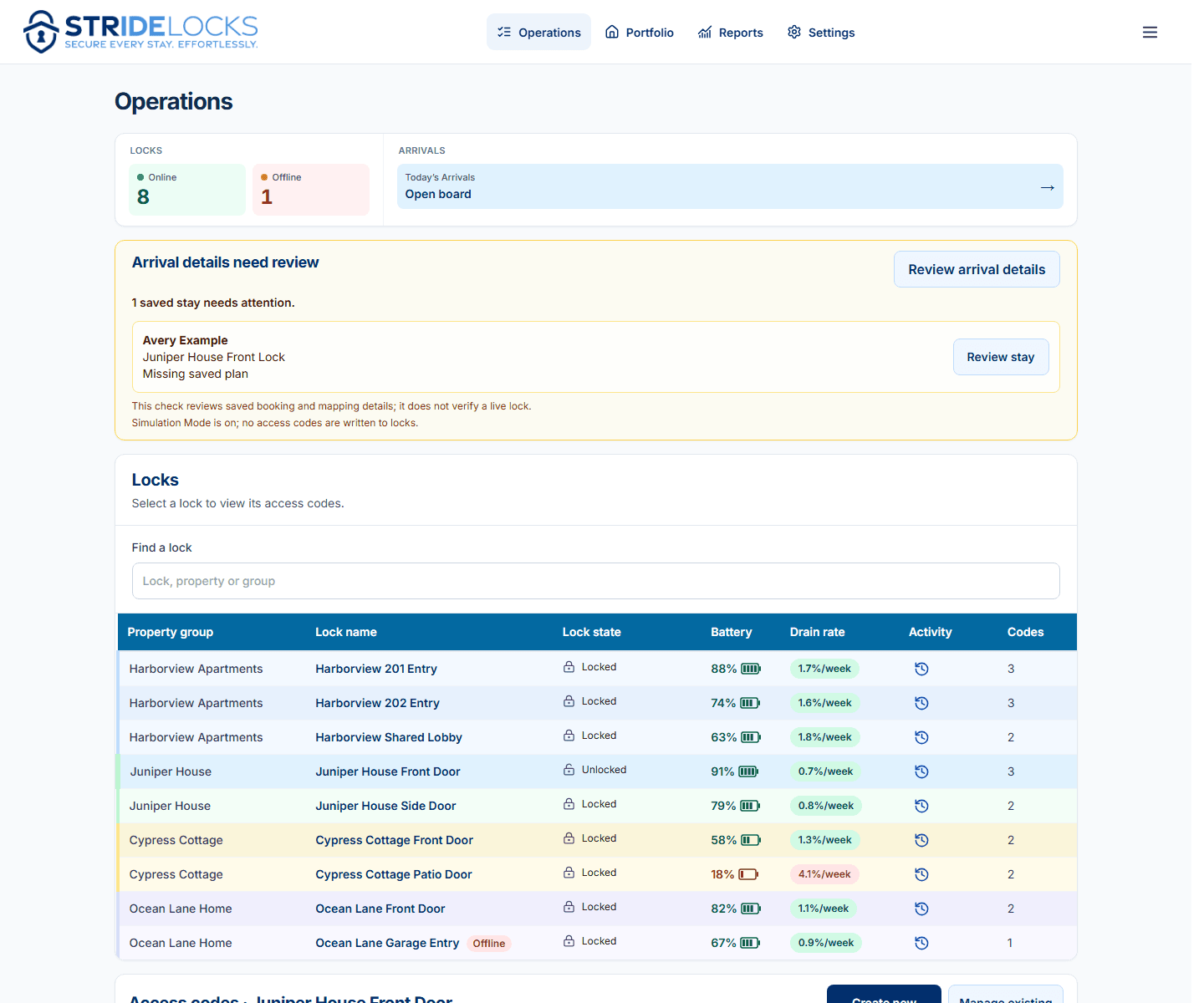 STRide Locks desktop Operations workspace showing a synthetic mixed portfolio with multi-unit and single-residence locks
